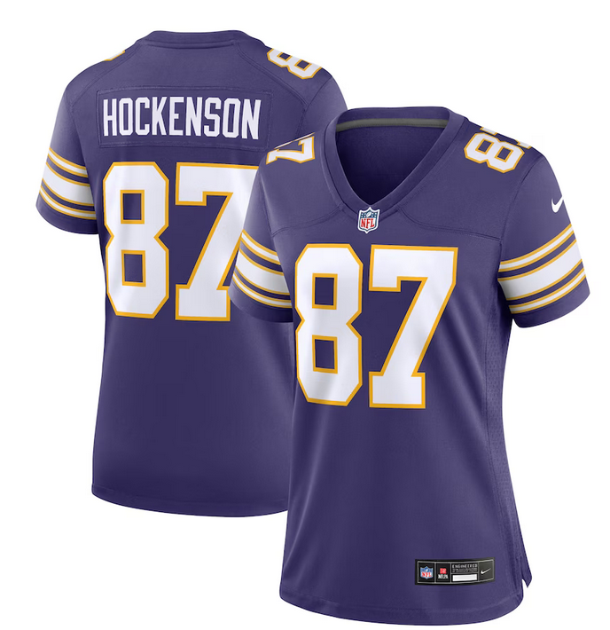 Women's Minnesota Vikings #87 T.J. Hockenson Purple 2023 Stitched Game Jersey(Run Small)